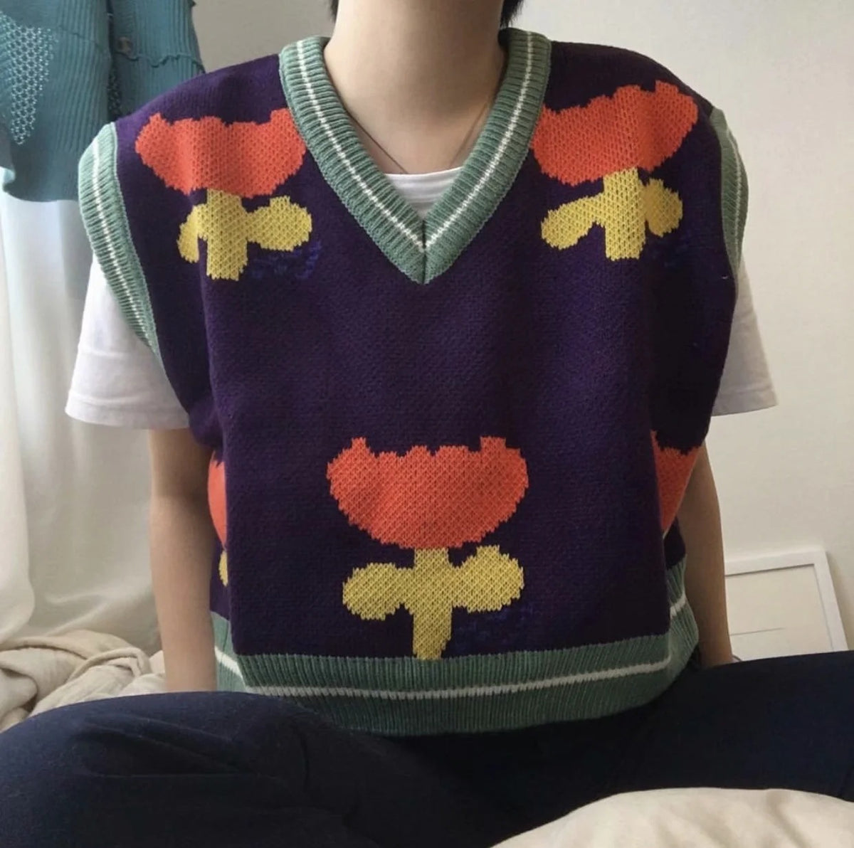 Floral Purple Knit Crop Vest Sweater