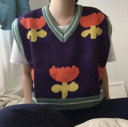 Floral Purple Knit Crop Vest Sweater