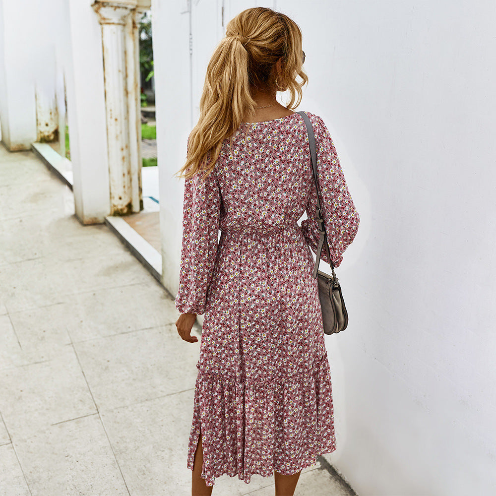 Elegant Retro Square Collar Floral Midi Dresses