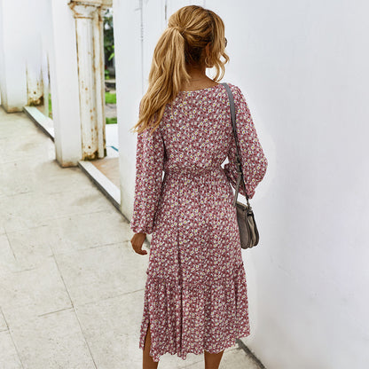 Elegant Retro Square Collar Floral Midi Dresses