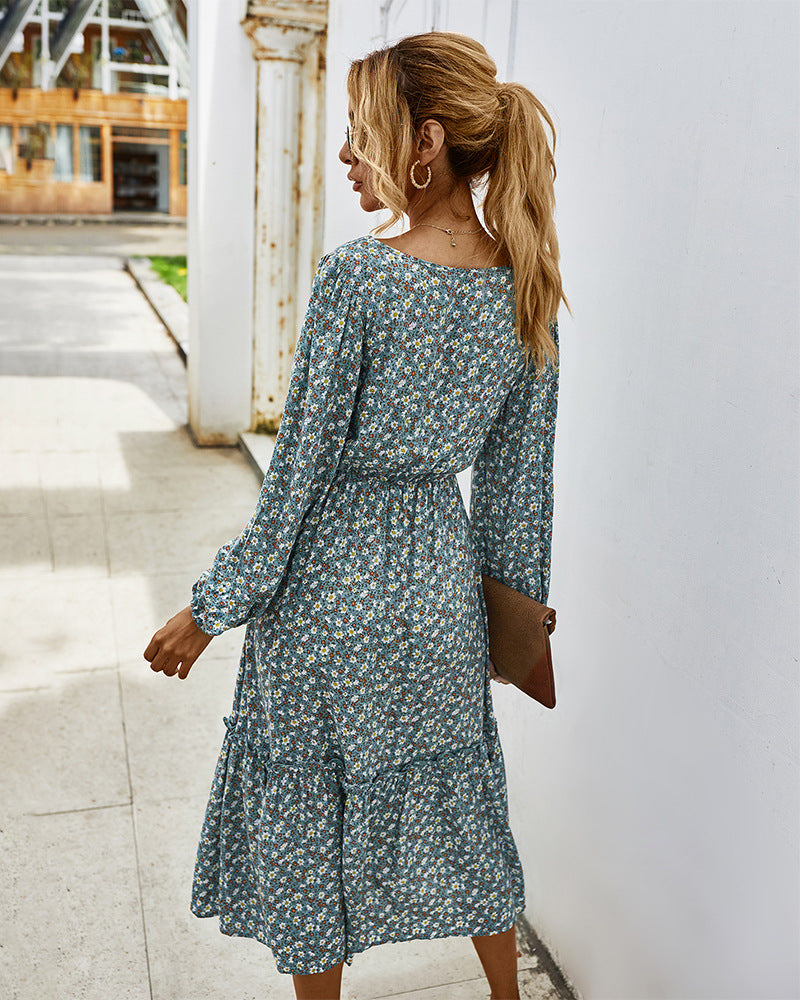 Elegant Retro Square Collar Floral Midi Dresses