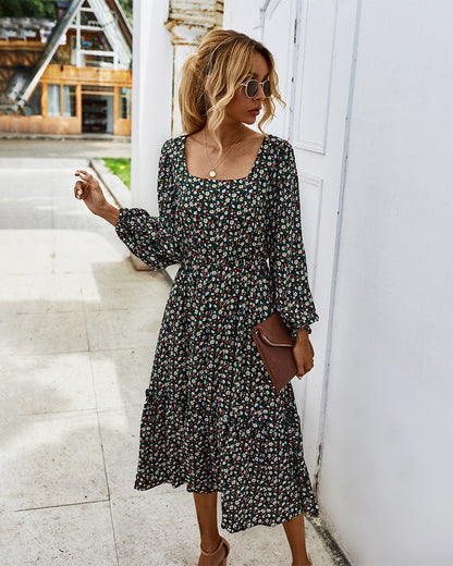 Elegant Retro Square Collar Floral Midi Dresses