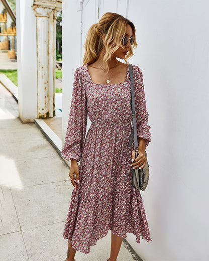 Elegant Retro Square Collar Floral Midi Dresses