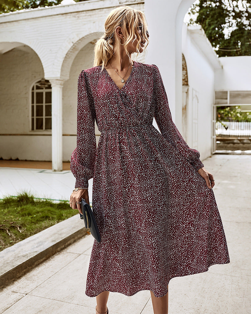 Elegant Retro V-neck Polka dot Floral Maxi Midi Dresses