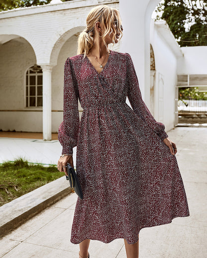 Elegant Retro V-neck Polka dot Floral Maxi Midi Dresses