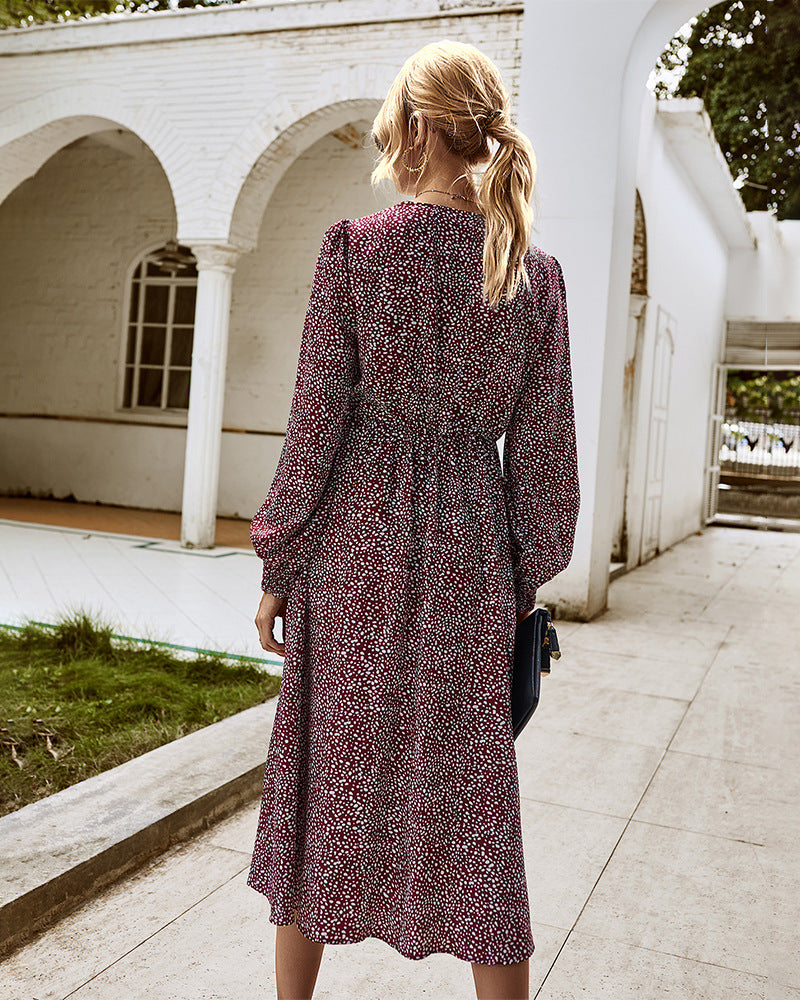 Elegant Retro V-neck Polka dot Floral Maxi Midi Dresses
