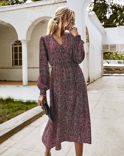 Elegant Retro V-neck Polka dot Floral Maxi Midi Dresses