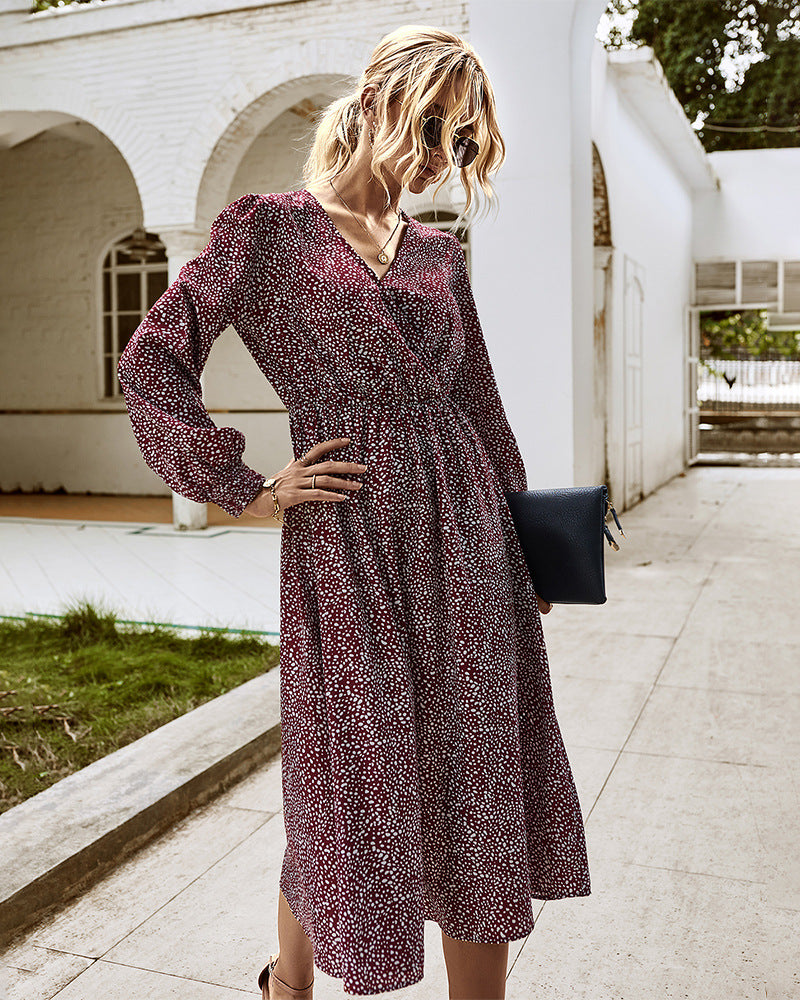 Elegant Retro V-neck Polka dot Floral Maxi Midi Dresses