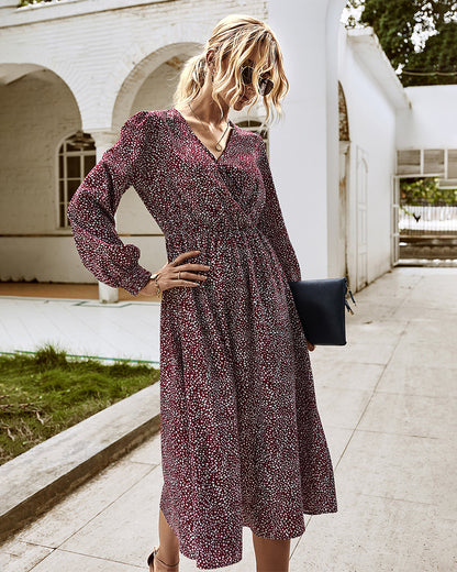 Elegant Retro V-neck Polka dot Floral Maxi Midi Dresses