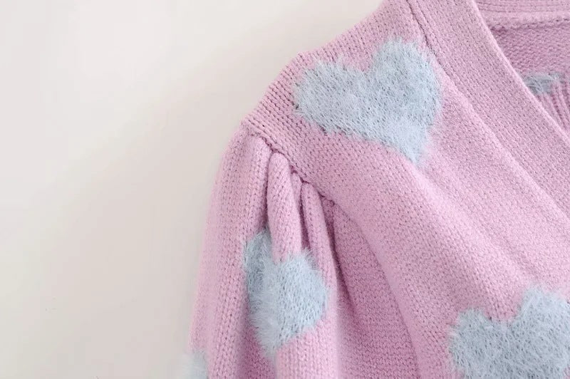 Knit Flock Love Shape Crop Vest Cardigan Single-breasted Two-piece Set