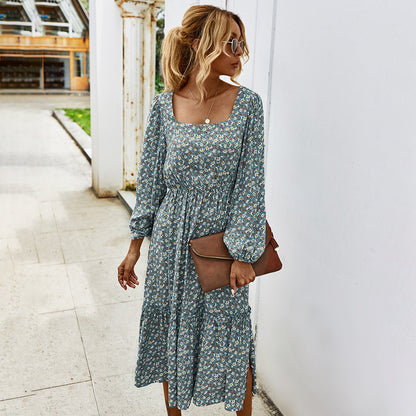 Elegant Retro Square Collar Floral Midi Dresses