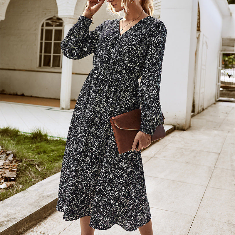 Elegant Retro V-neck Polka dot Floral Maxi Midi Dresses