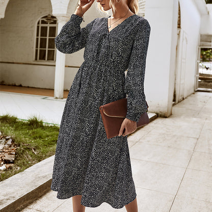 Elegant Retro V-neck Polka dot Floral Maxi Midi Dresses