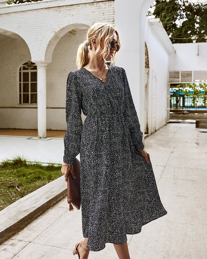 Elegant Retro V-neck Polka dot Floral Maxi Midi Dresses