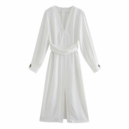 V-neck Tie-Back Slit Splicing Midi Dresses