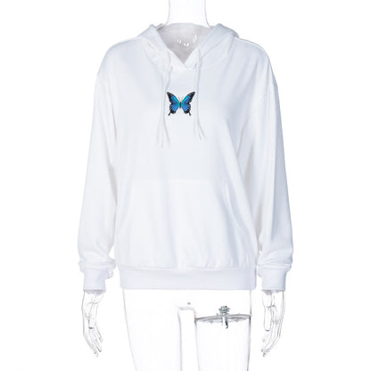 Round Neck Butterfly Embroidery Shirts Blouses Hoodies Sweatshirts