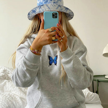 Round Neck Butterfly Embroidery Shirts Blouses Hoodies Sweatshirts
