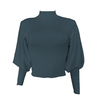 High Collar Knit Lantern Sleeve Sweaters