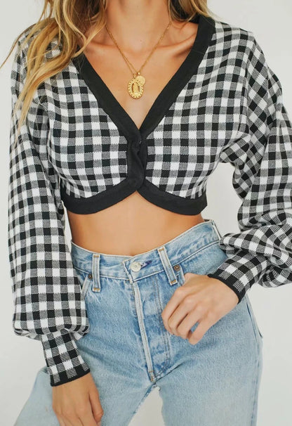 Single-breasted V-neck Lattice Grid Knitting Cardigans Sweaters