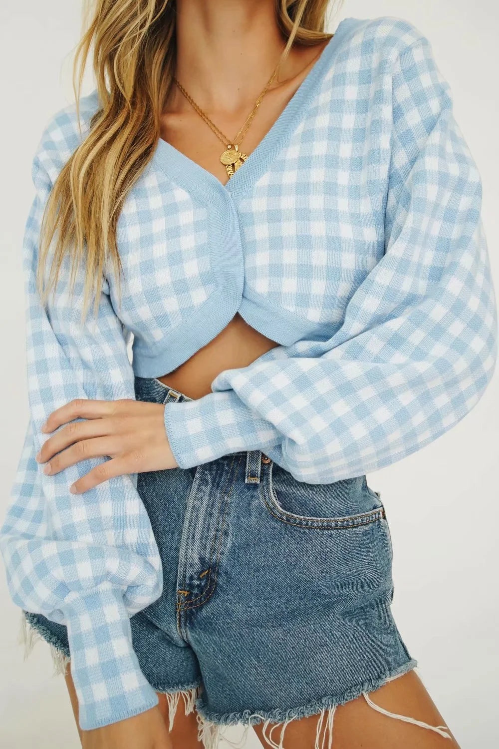 Single-breasted V-neck Lattice Grid Knitting Cardigans Sweaters