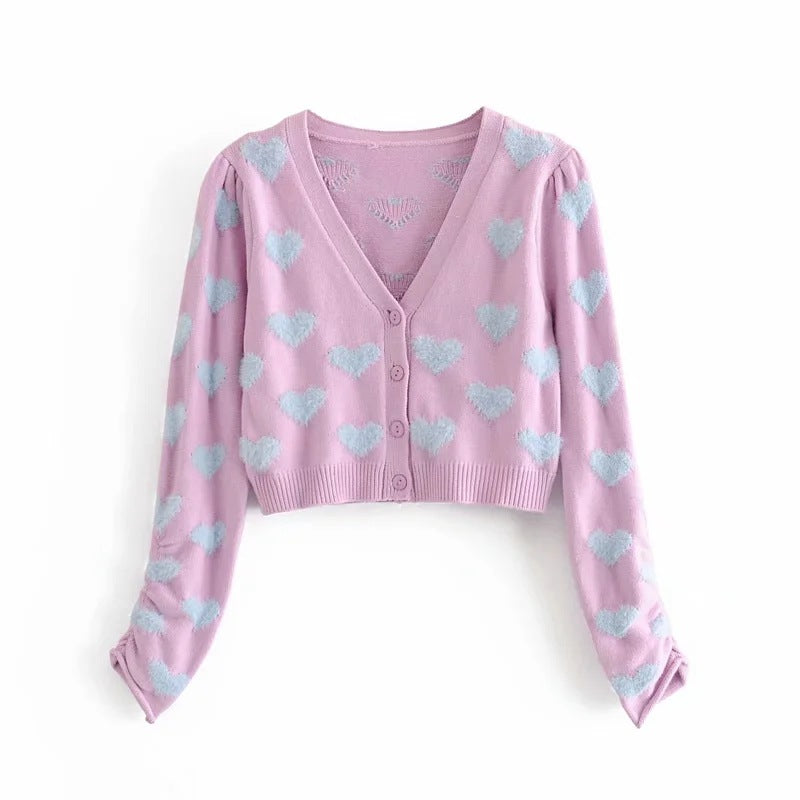 Knit Flock Love Shape Crop Vest Cardigan Single-breasted Two-piece Set