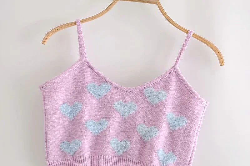 Knit Flock Love Shape Crop Vest Cardigan Single-breasted Two-piece Set