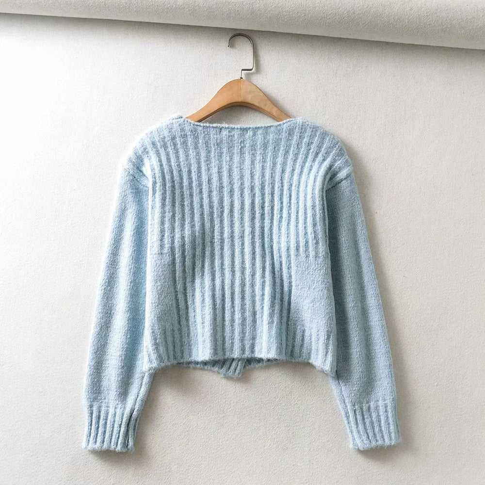 Knit Double-breasted Striped Crop Top Cardigans