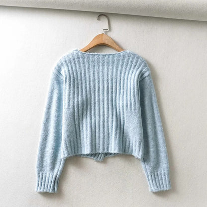Knit Double-breasted Striped Crop Top Cardigans