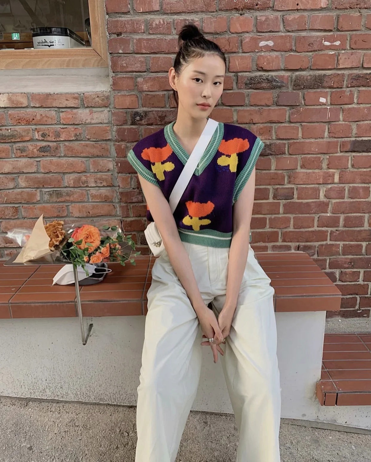 Floral Purple Knit Crop Vest Sweater