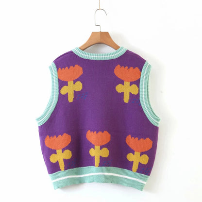 Floral Purple Knit Crop Vest Sweater