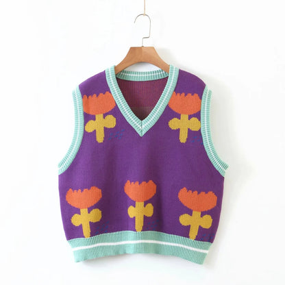 Floral Purple Knit Crop Vest Sweater