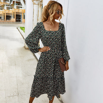 Elegant Retro Square Collar Floral Midi Dresses