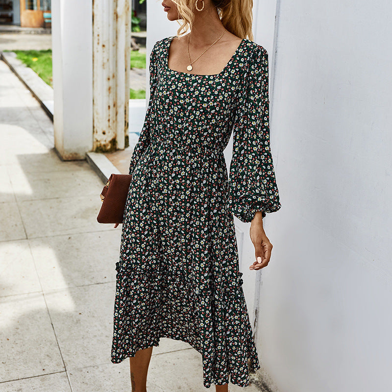 Elegant Retro Square Collar Floral Midi Dresses
