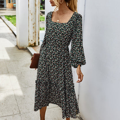 Elegant Retro Square Collar Floral Midi Dresses