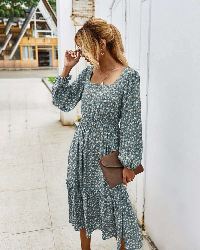Elegant Retro Square Collar Floral Midi Dresses