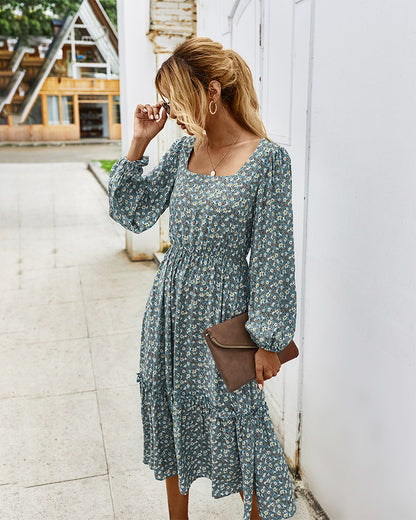 Elegant Retro Square Collar Floral Midi Dresses