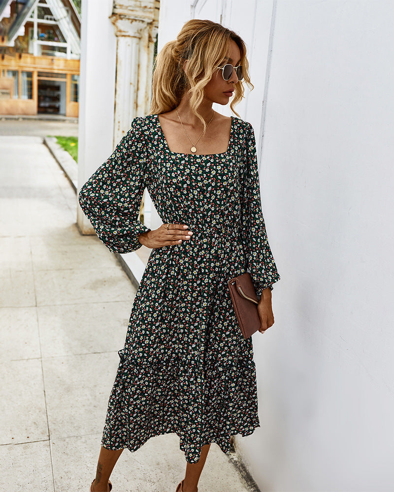 Elegant Retro Square Collar Floral Midi Dresses