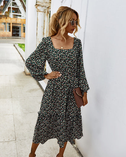 Elegant Retro Square Collar Floral Midi Dresses