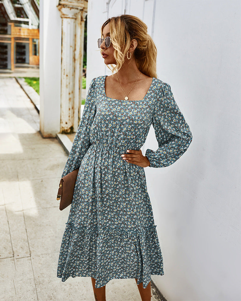 Elegant Retro Square Collar Floral Midi Dresses