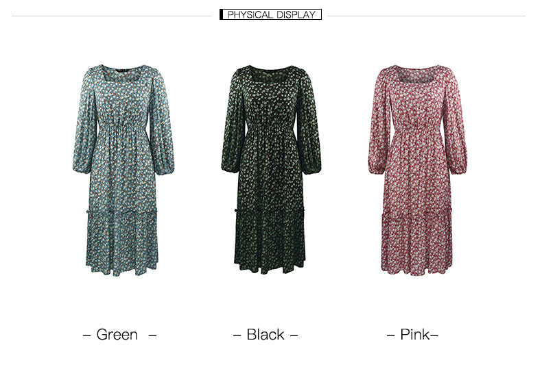 Elegant Retro Square Collar Floral Midi Dresses