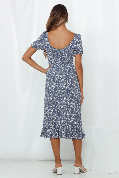 Backless Vintage Square Collar Floral Printed Midi Dress