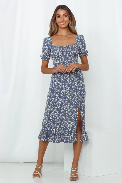 Backless Vintage Square Collar Floral Printed Midi Dress
