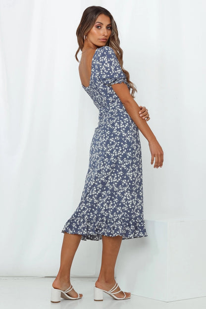 Backless Vintage Square Collar Floral Printed Midi Dress