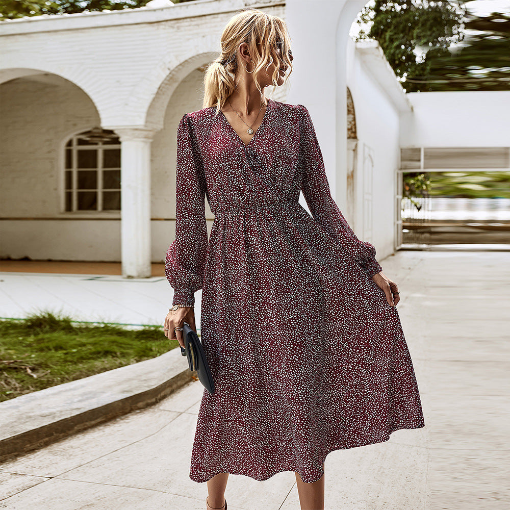 Elegant Retro V-neck Polka dot Floral Maxi Midi Dresses