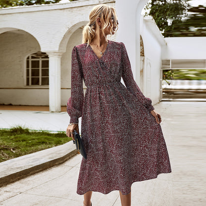 Elegant Retro V-neck Polka dot Floral Maxi Midi Dresses