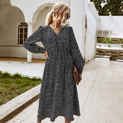 Elegant Retro V-neck Polka dot Floral Maxi Midi Dresses