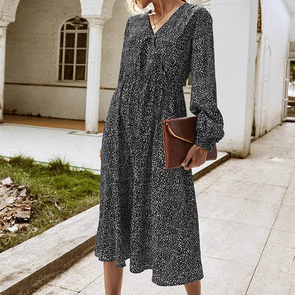 Elegant Retro V-neck Polka dot Floral Maxi Midi Dresses