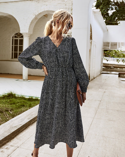 Elegant Retro V-neck Polka dot Floral Maxi Midi Dresses