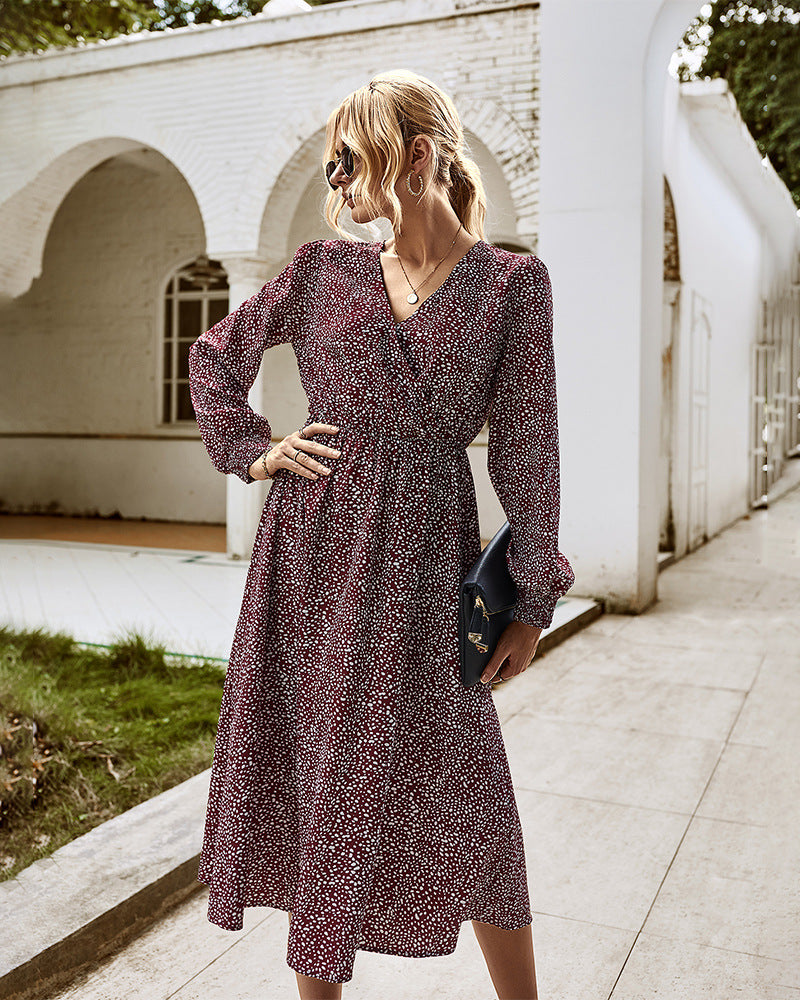 Elegant Retro V-neck Polka dot Floral Maxi Midi Dresses