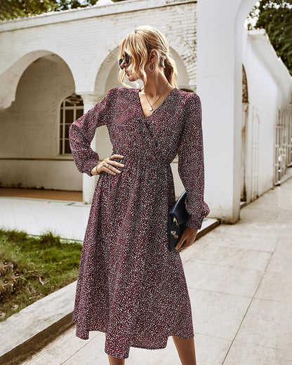 Elegant Retro V-neck Polka dot Floral Maxi Midi Dresses